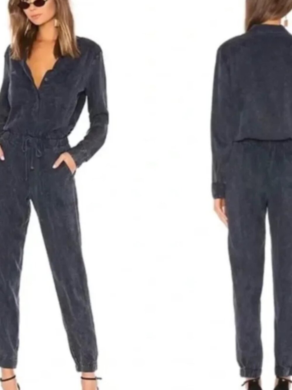 Young Fabulous & Broke Acid Wash Navy Blue Long Sleeve Jumpsuit Size Small